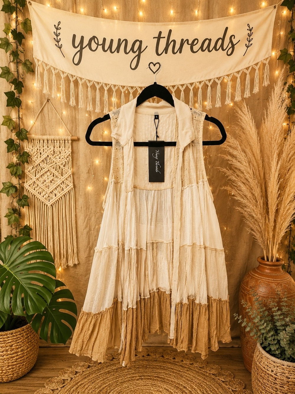 Young Threads Cream & Tan Tiered Sleeveless Blouse